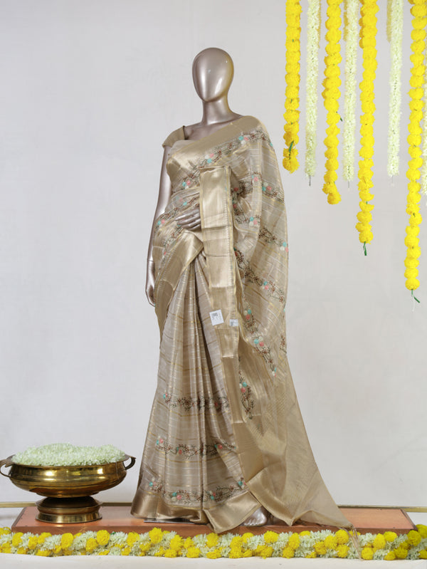 Golden Beige Chanderi Tissue Embroidered Onam Saree