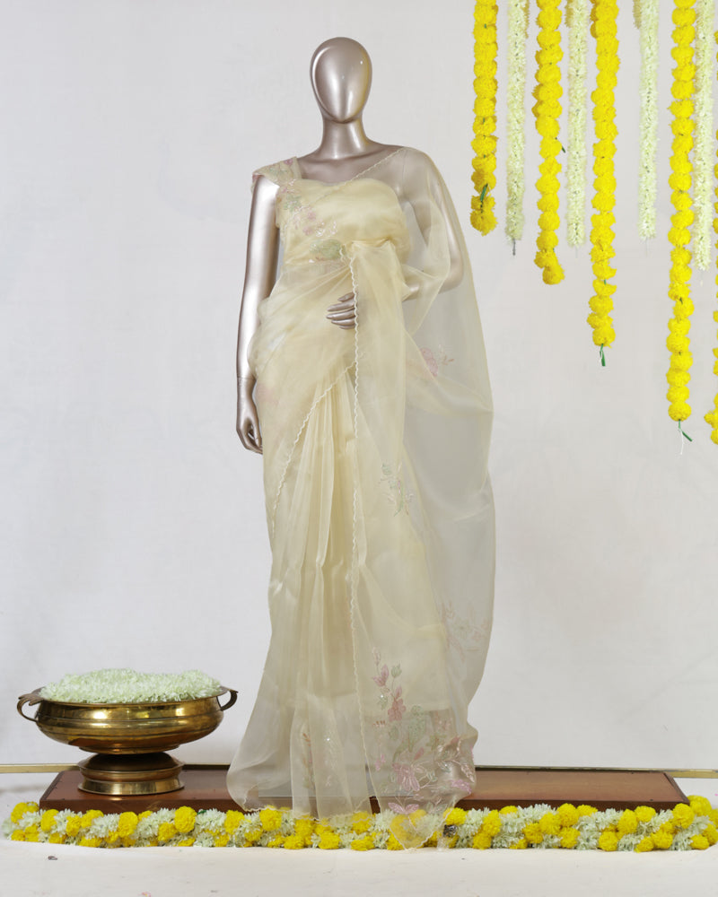Product Name: Premium Floral Embroidered Organza Onam Saree