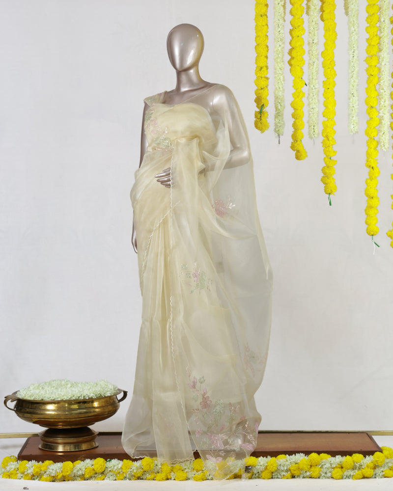 Product Name: Premium Floral Embroidered Organza Onam Saree