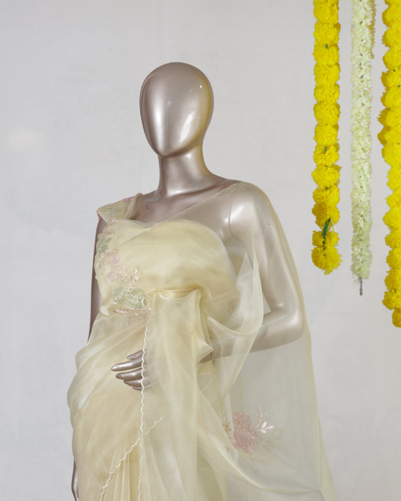 Product Name: Premium Floral Embroidered Organza Onam Saree