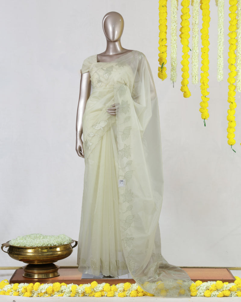 Ivory Organza Floral Appliqué Onam Saree