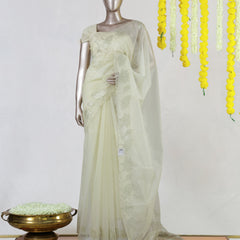 Ivory Organza Floral Appliqué Onam Saree