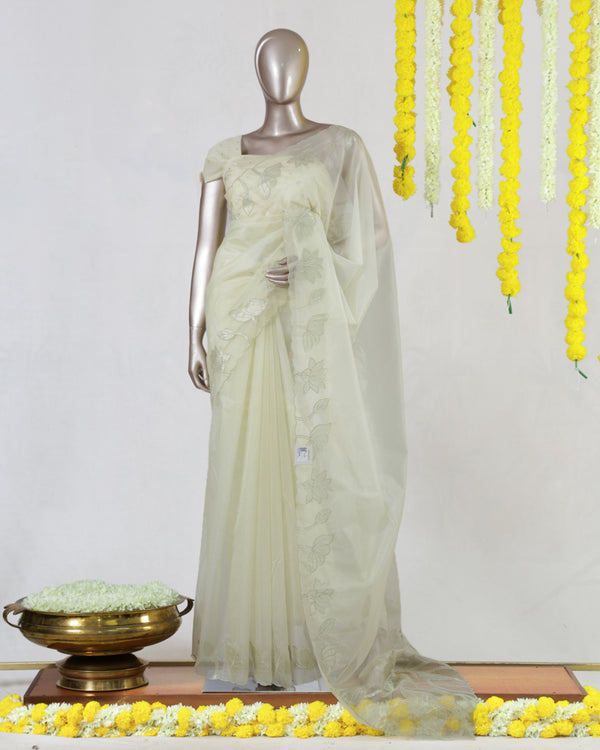 Ivory Organza Floral Appliqué Onam Saree