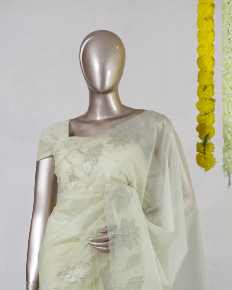 Ivory Organza Floral Appliqué Onam Saree