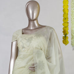 Ivory Organza Floral Appliqué Onam Saree