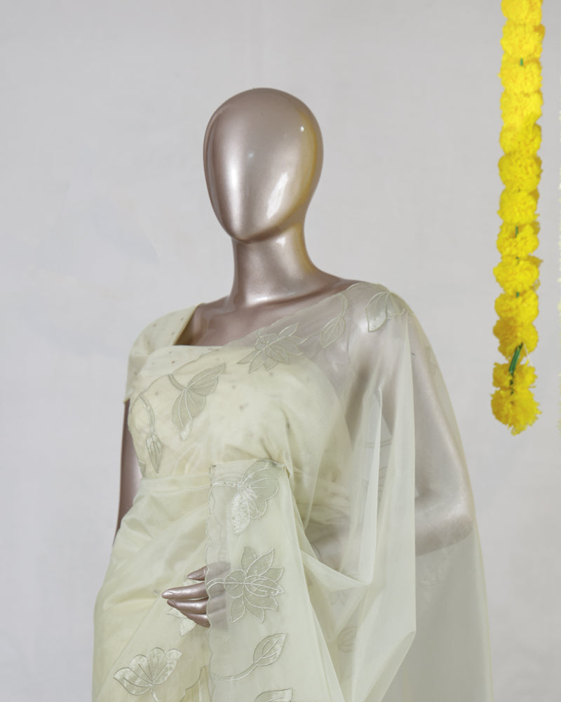 Ivory Organza Floral Appliqué Onam Saree