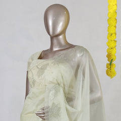Ivory Organza Floral Appliqué Onam Saree