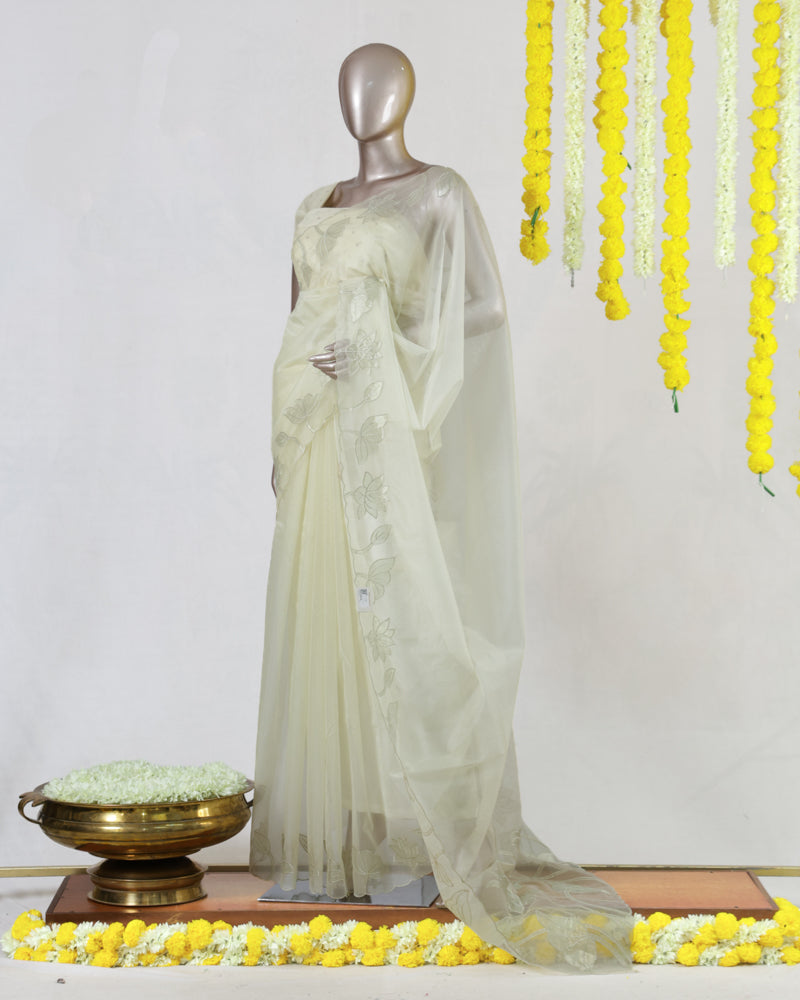 Ivory Organza Floral Appliqué Onam Saree