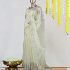 Ivory Organza Floral Appliqué Onam Saree