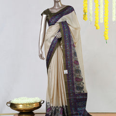 Ivory Semi Matka Printed Onam Saree