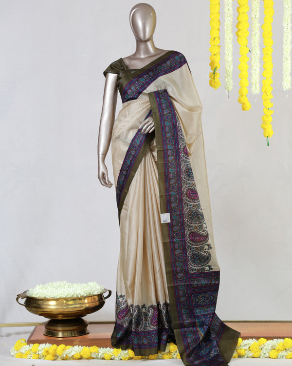 Ivory Semi Matka Printed Onam Saree