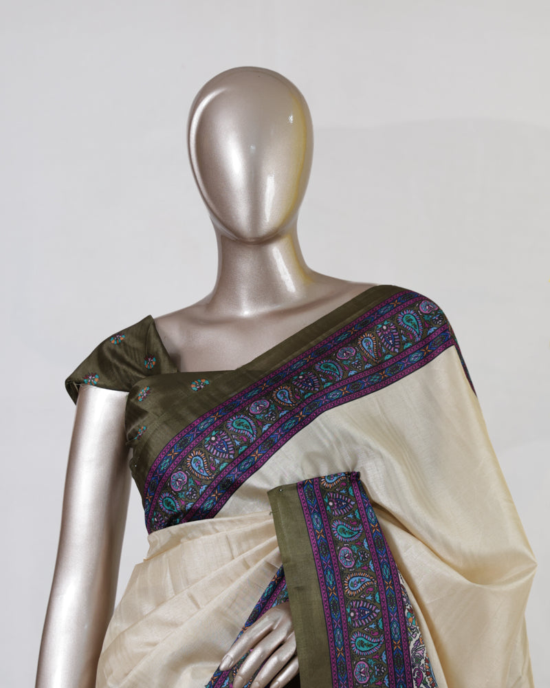 Ivory Semi Matka Printed Onam Saree