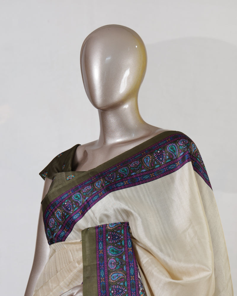 Ivory Semi Matka Printed Onam Saree