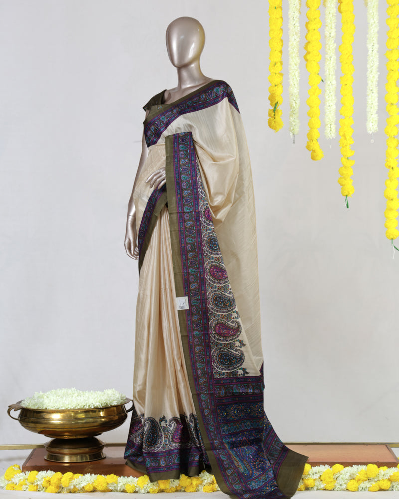 Ivory Semi Matka Printed Onam Saree