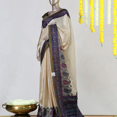 Ivory Semi Matka Printed Onam Saree