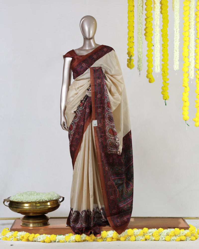 Ivory Semi Matka Printed Onam Saree