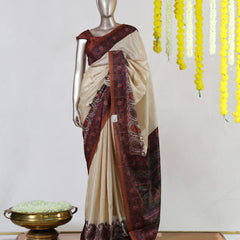 Ivory Semi Matka Printed Onam Saree