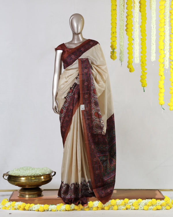 Ivory Semi Matka Printed Onam Saree
