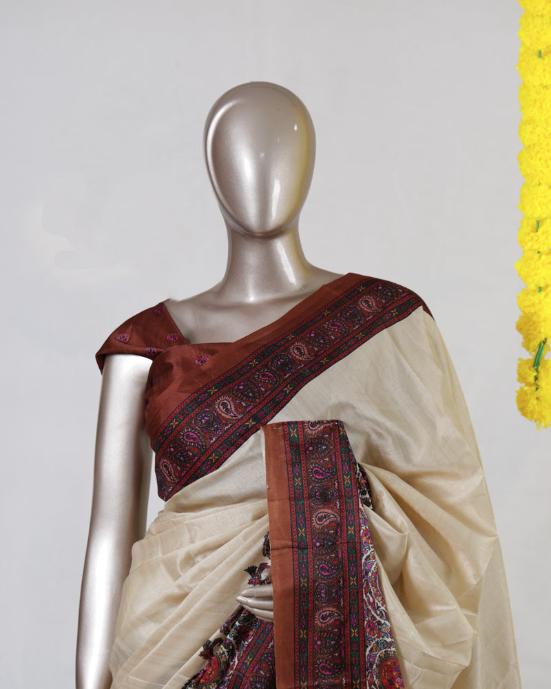Ivory Semi Matka Printed Onam Saree