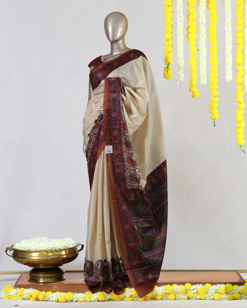 Ivory Semi Matka Printed Onam Saree