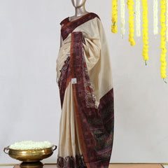 Ivory Semi Matka Printed Onam Saree