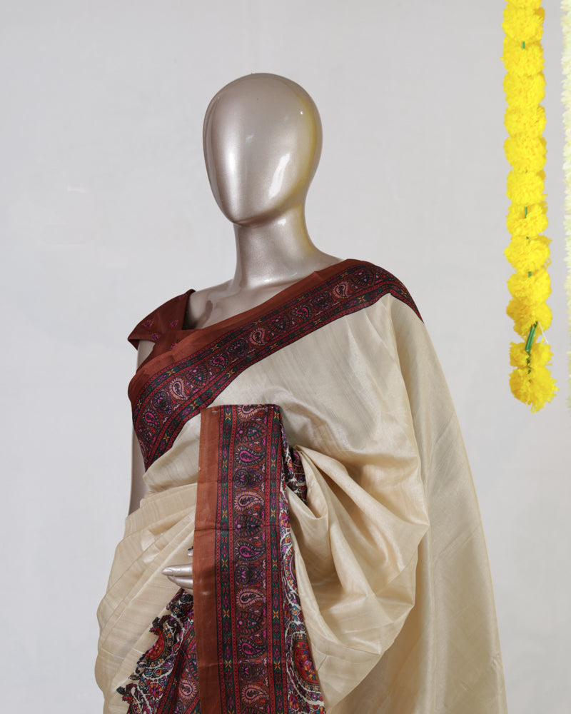 Ivory Semi Matka Printed Onam Saree