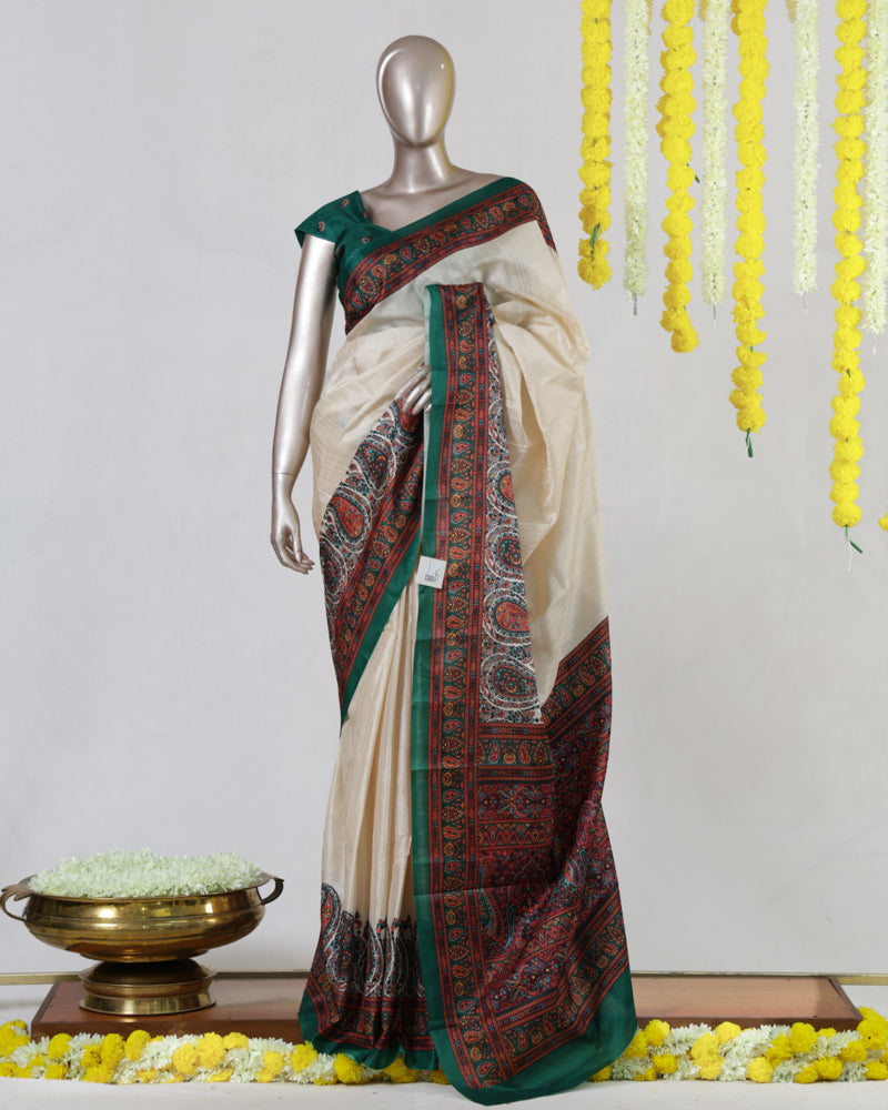 Ivory Semi Matka Printed Onam Saree