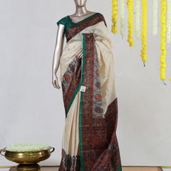 Ivory Semi Matka Printed Onam Saree