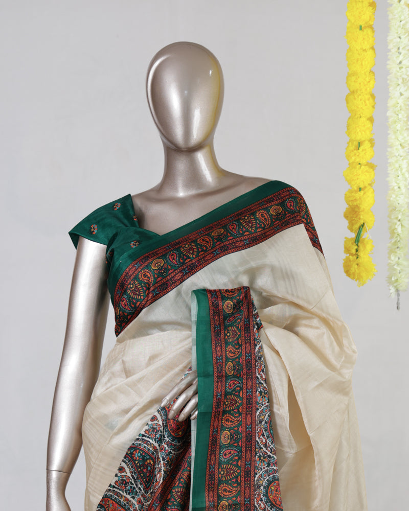 Ivory Semi Matka Printed Onam Saree
