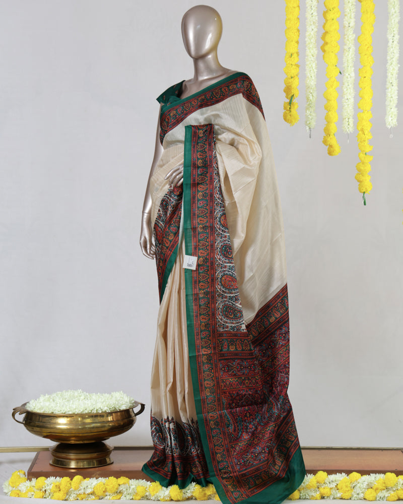 Ivory Semi Matka Printed Onam Saree