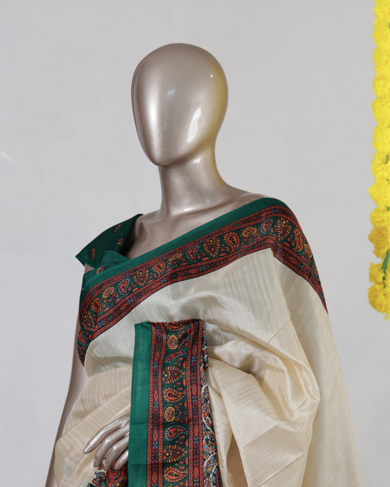 Ivory Semi Matka Printed Onam Saree
