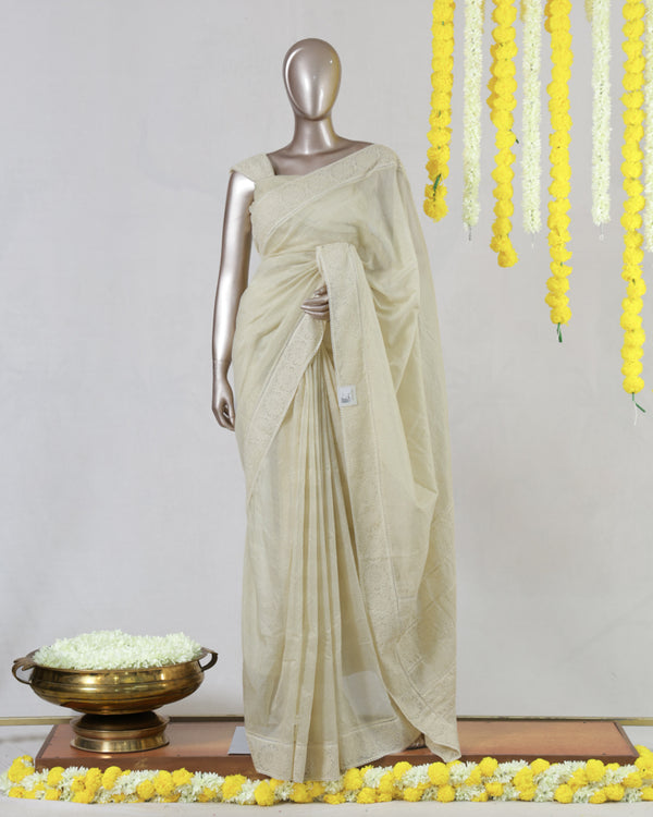Ivory Pure Chanderi Crochet Onam Saree