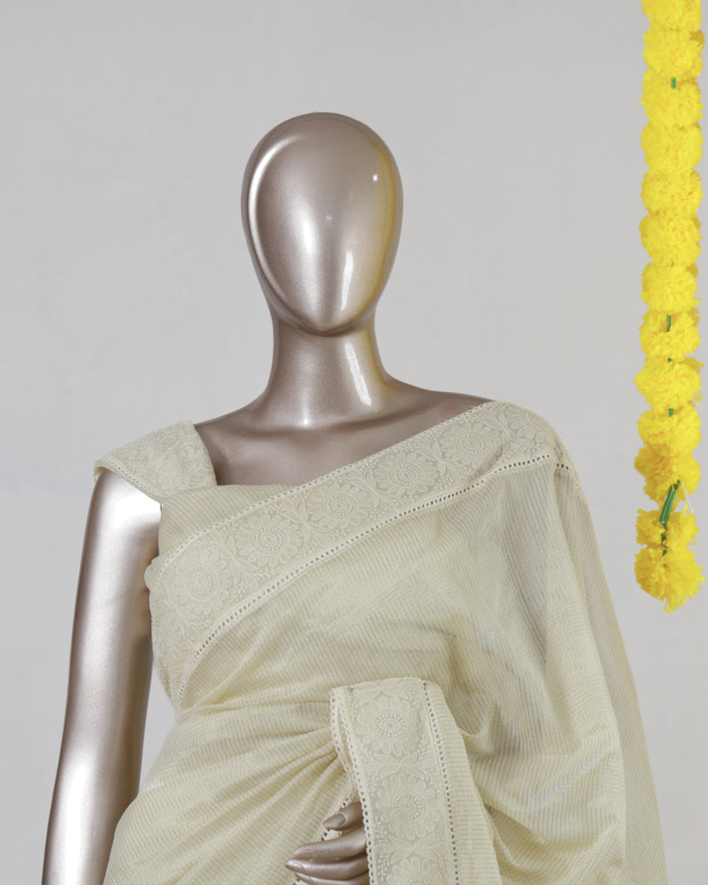 Ivory Pure Chanderi Crochet Onam Saree