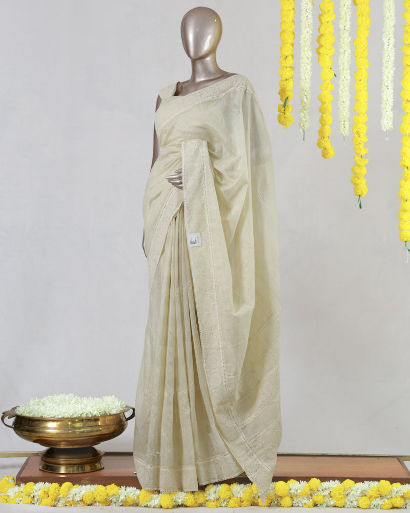 Ivory Pure Chanderi Crochet Onam Saree