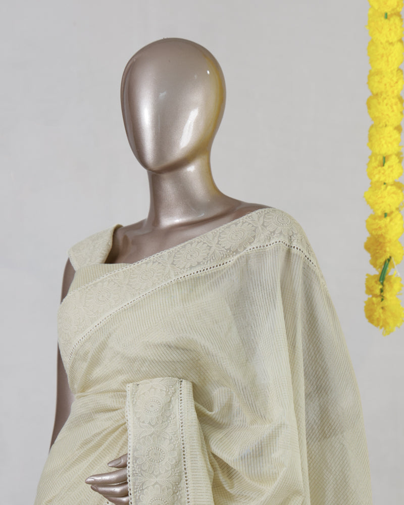 Ivory Pure Chanderi Crochet Onam Saree
