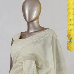 Ivory Pure Chanderi Crochet Onam Saree
