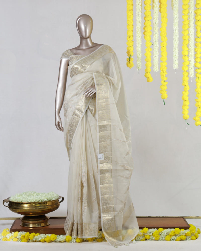 Ivory Organza Golden Appliqué Onam Saree