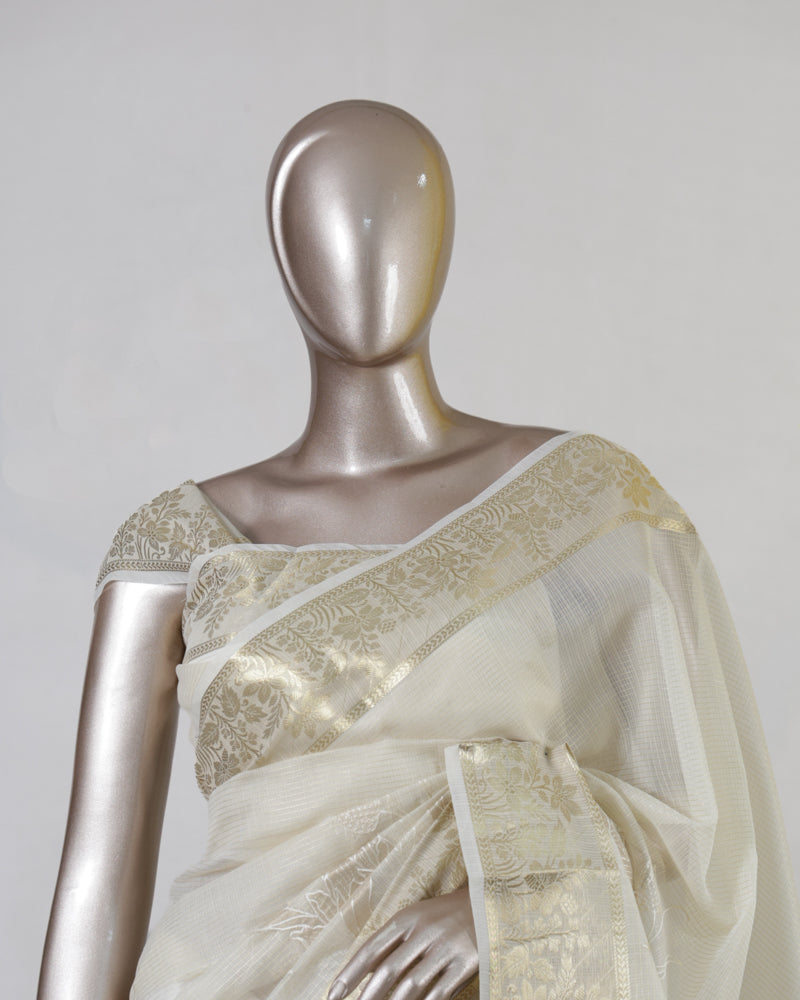 Ivory Organza Golden Appliqué Onam Saree