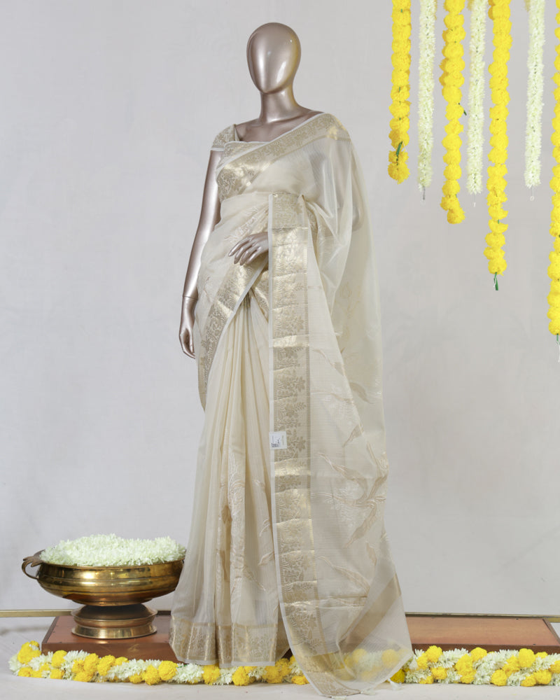 Ivory Organza Golden Appliqué Onam Saree