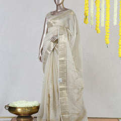 Ivory Organza Golden Appliqué Onam Saree