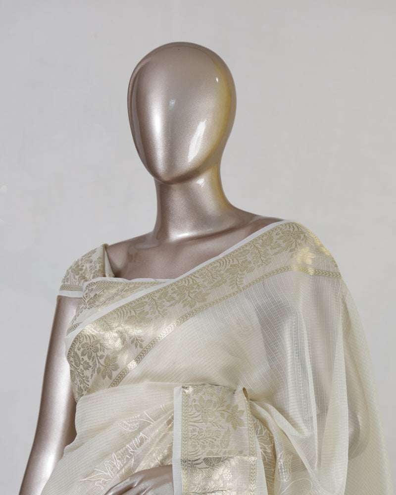 Ivory Organza Golden Appliqué Onam Saree