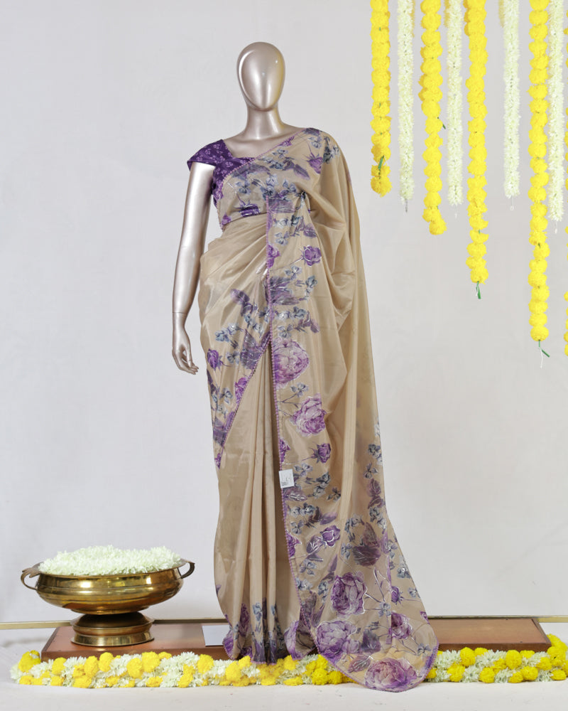 Beige Paper Silk Floral Printed Onam Saree