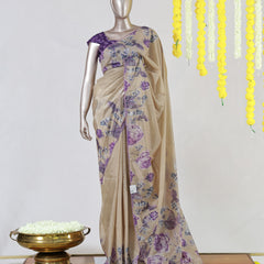 Beige Paper Silk Floral Printed Onam Saree