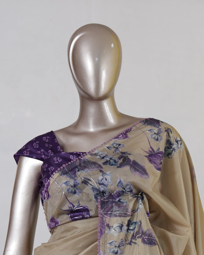 Beige Paper Silk Floral Printed Onam Saree