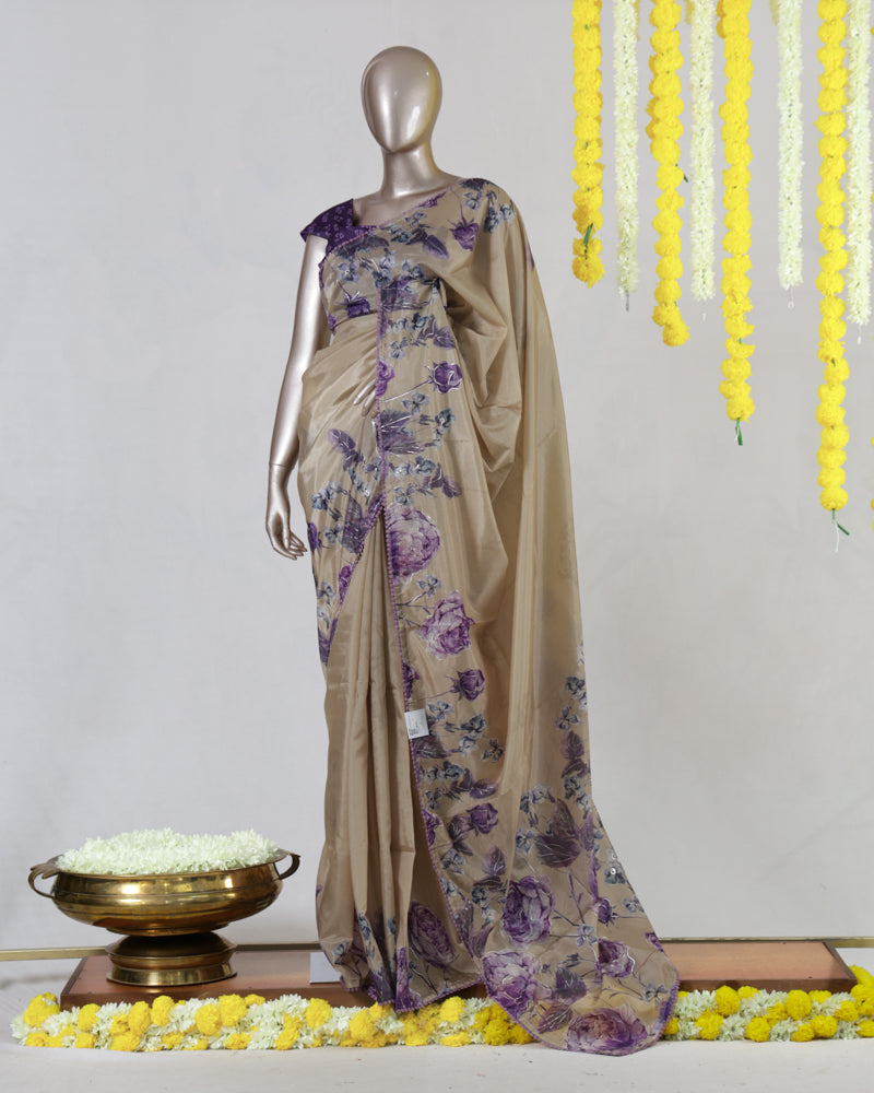 Beige Paper Silk Floral Printed Onam Saree