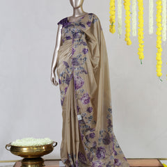 Beige Paper Silk Floral Printed Onam Saree