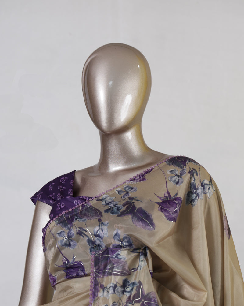 Beige Paper Silk Floral Printed Onam Saree