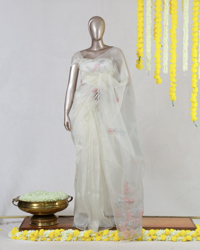 Ivory Crystal Organza Appliqué Embroidery Saree