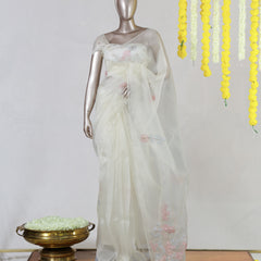 Ivory Crystal Organza Appliqué Embroidery Saree