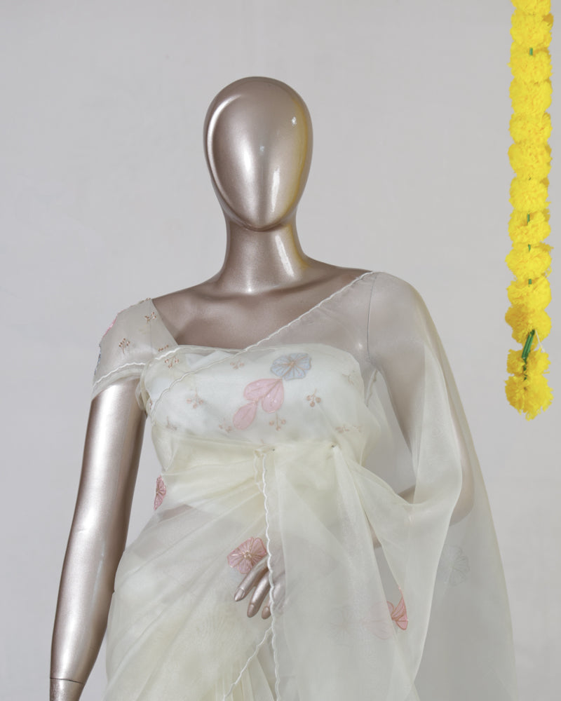 Ivory Crystal Organza Appliqué Embroidery Saree